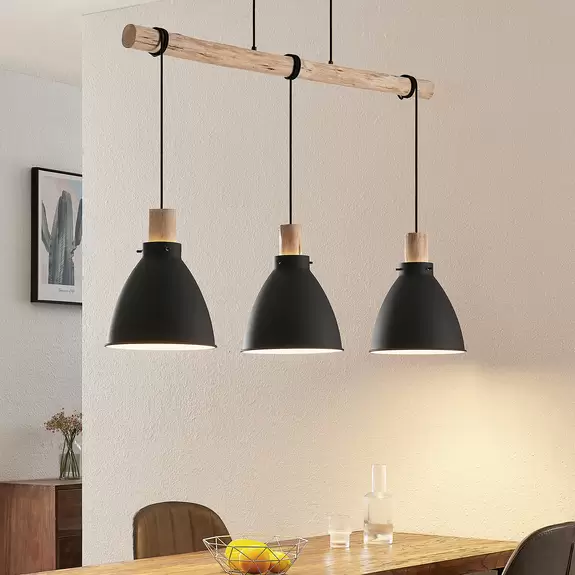 Lampenwelt Lindby Hängeleuchte Trebale, 3-flammig, E27, Eisen, Holz Tägliche Deals