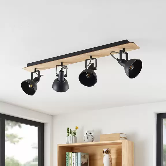Lampenwelt Lindby Aylis Deckenlampe, 4-flg., 82 cm, schwarz, Holz, E14 Sonderangebote