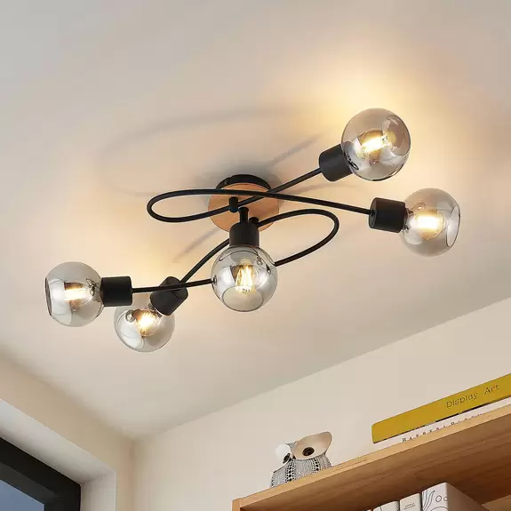 Lampenwelt Lindby Eridia Deckenleuchte, Holz, 5-fl., lang Begrenztes Angebot