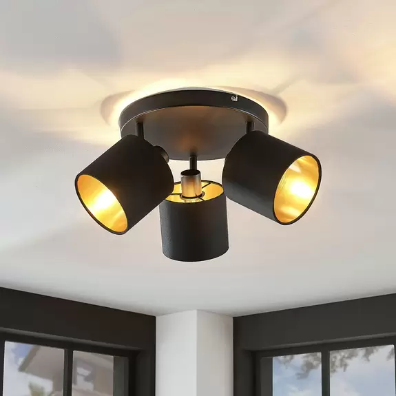 Lampenwelt Stoff-Deckenlampe Vasilia in Schwarz-Gold, 3-fl Fabrikladen