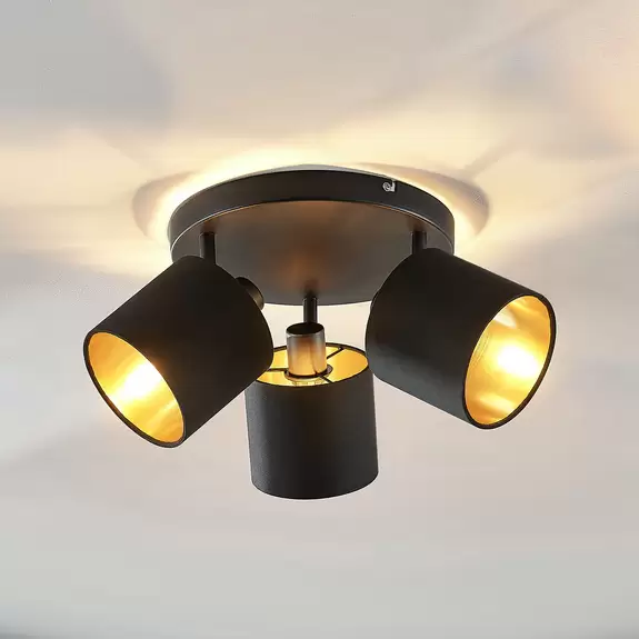 Lampenwelt Stoff-Deckenlampe Vasilia in Schwarz-Gold, 3-fl Fabrikladen