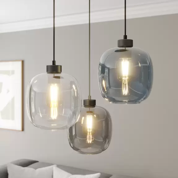 Lampenwelt Hängeleuchte Elio, Glas, blau/klar/grau, Ø 52 cm, 3-flammig Nur noch ein Tag übrig