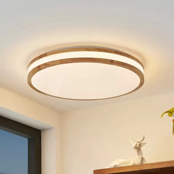 Lampenwelt Lindby LED-Deckenlampe Emiva, Lichtquelle mittig, CCT, Holz Fabrikladen