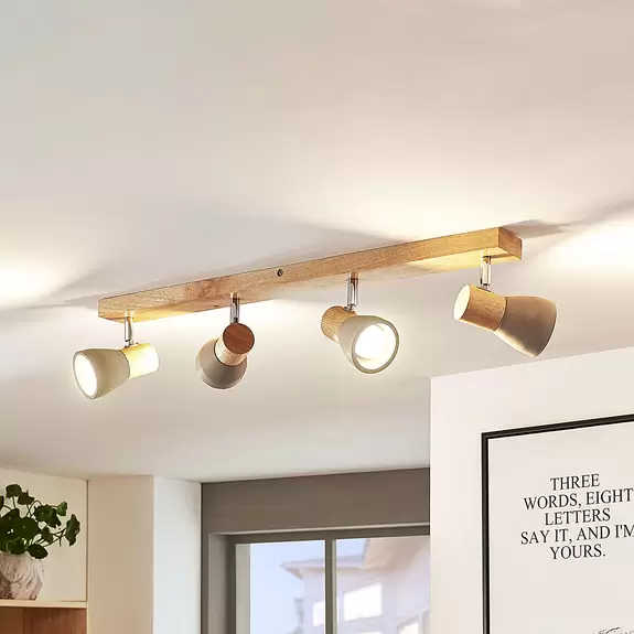 Lampenwelt Lindby Strahler Filiz, 4-flammig, 77 cm lang, Holz, Beton Bis zu 60% Rabatt