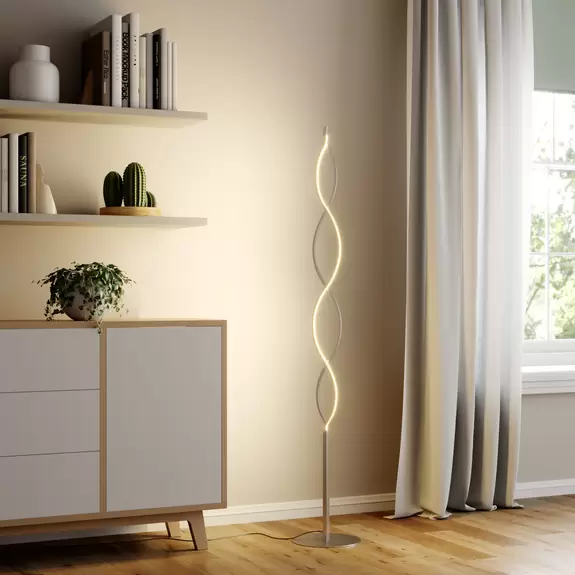 Lampenwelt Lindby LED-Stehlampe Auron, nickelfarben, Metall, Tastdimmer Schlussverkauf