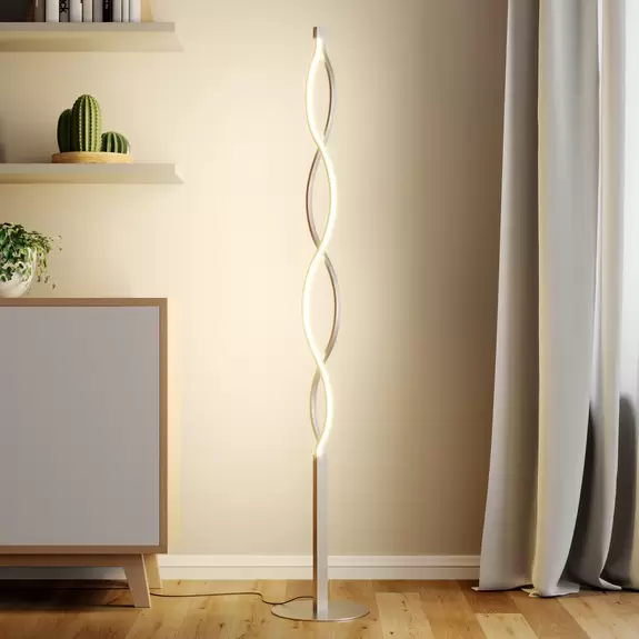 Lampenwelt Lindby LED-Stehlampe Auron, nickelfarben, Metall, Tastdimmer Schlussverkauf