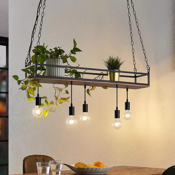 Lampenwelt Lindby Pendelleuchte Kirista, 5-flg., schwarz, Holz, 100 cm Preisnachlass