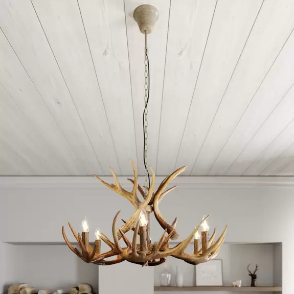 Lampenwelt Lindby Hängeleuchte Fibi, Stahl, braun, Geweih, Ø 80 cm Super Rabatt