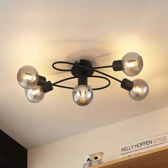 Lampenwelt Lindby Deckenlampe Elaina 5fl lang schw. smoke zollfrei