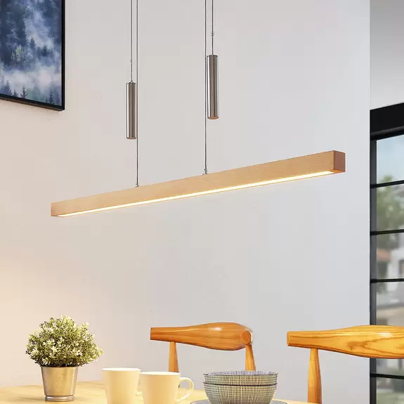 Lampenwelt Lucande LED-Pendelleuchte Pia, Buchenholz, 100 cm lang Osterangebot