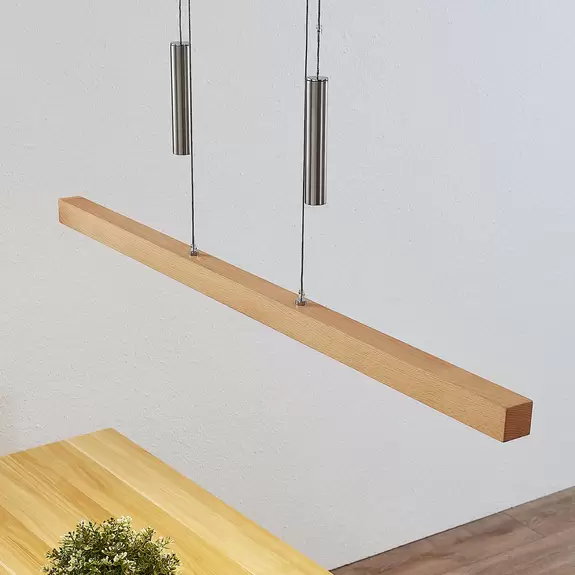 Lampenwelt Lucande LED-Pendelleuchte Pia, Buchenholz, 100 cm lang Osterangebot