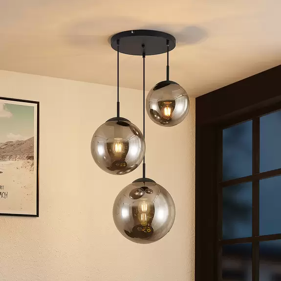 Lampenwelt Lindby Teeja Hängelampe, 3 Glaskugeln, rauchgrau Neueste Mode
