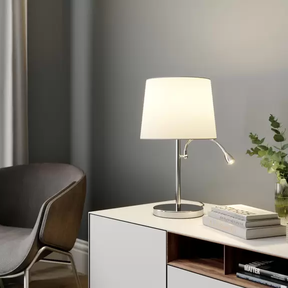 Lampenwelt Stoff-Tischleuchte Benjiro mit LED-Leselampe Räumungsverkauf