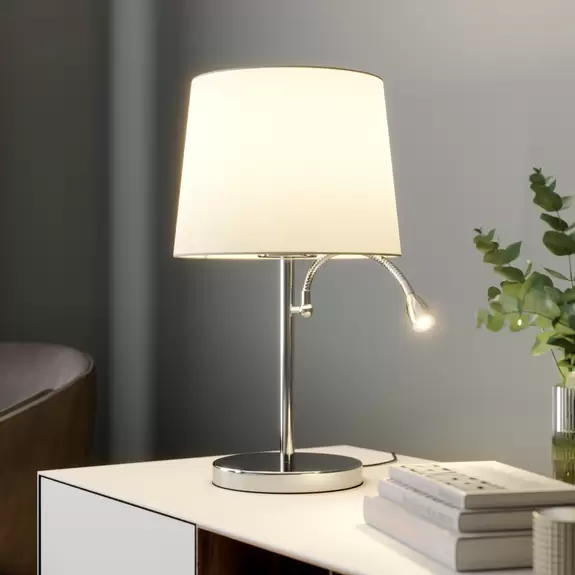 Lampenwelt Stoff-Tischleuchte Benjiro mit LED-Leselampe Räumungsverkauf
