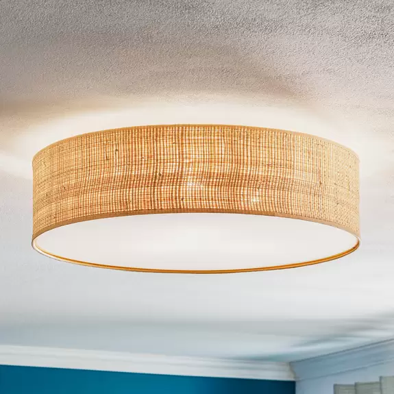 Lampenwelt Deckenleuchte Leano beige rund aus Rattan Super Sparpreis