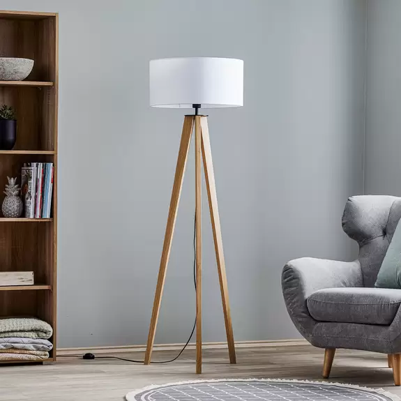 Lampenwelt Stehlampe Maira, Dreibein, Eiche geölt, weiß Clearance-Verkauf