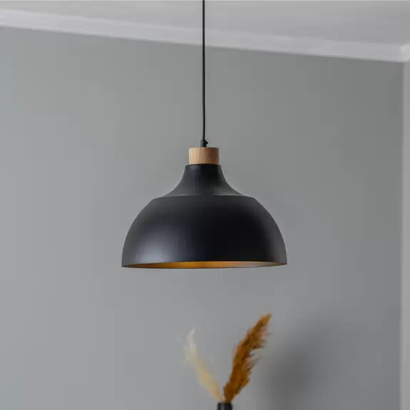 Lampenwelt Envostar Hängeleuchte Kaitt, Holzdetail, Ø 34 cm, schwarz Preisnachlass