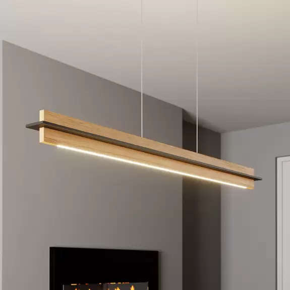 Lampenwelt Quitani LED-Pendellampe Lexa, eiche/schwarz, Länge 118 cm Jubiläumsangebot