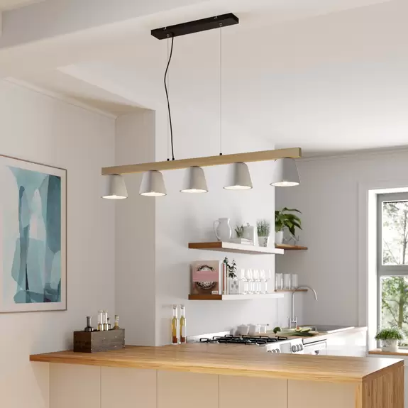 Lampenwelt Lucande Hängelampe Kalinda, grau, Beton, 110,5 cm lang, E14 Fabrikpreis