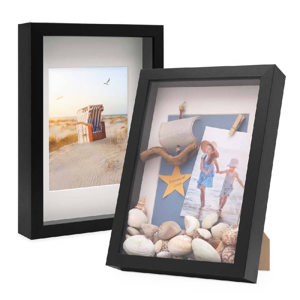 Photolini 2er Set 3D-Bilderrahmen extra tief 21x30 cm / A4 mit Passepartout, Schwarz
