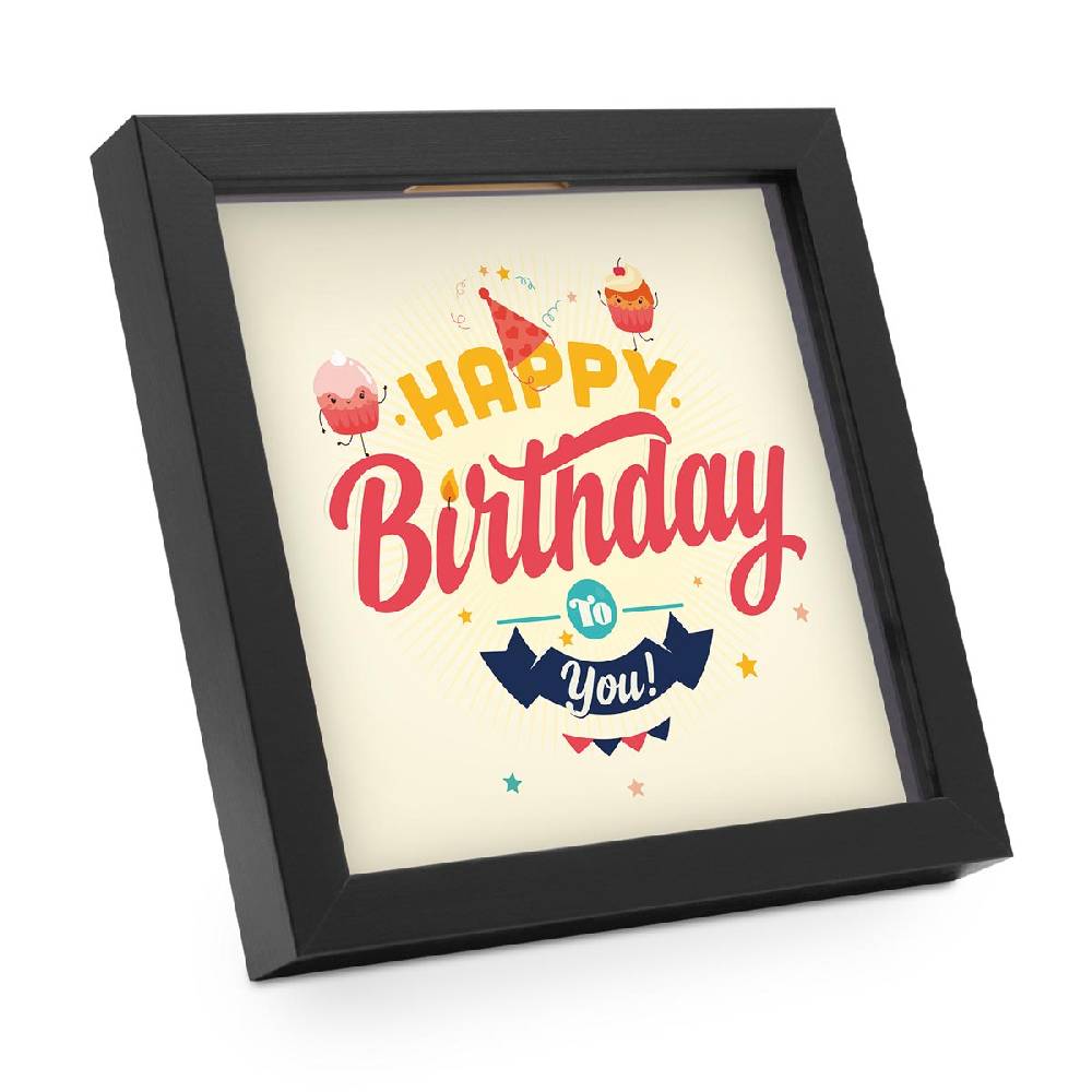 Photolini Bilderrahmen-Spardose Geburtstag Geldgeschenk Schwarz Vier Motive