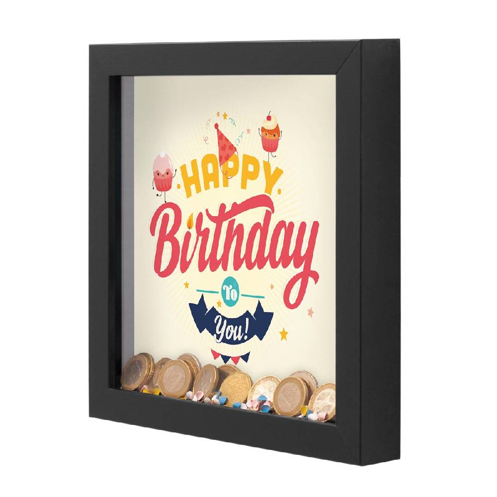 Photolini Bilderrahmen-Spardose Geburtstag Geldgeschenk Schwarz Vier Motive Letzte 3 Tage