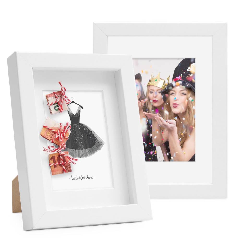 Photolini 2er Set 3D-Bilderrahmen 13x18 cm mit Passepartout, Weiß