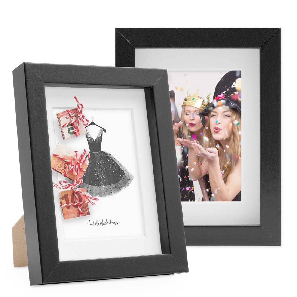 Photolini 2er Set 3D-Bilderrahmen 13x18 cm mit Passepartout, Schwarz
