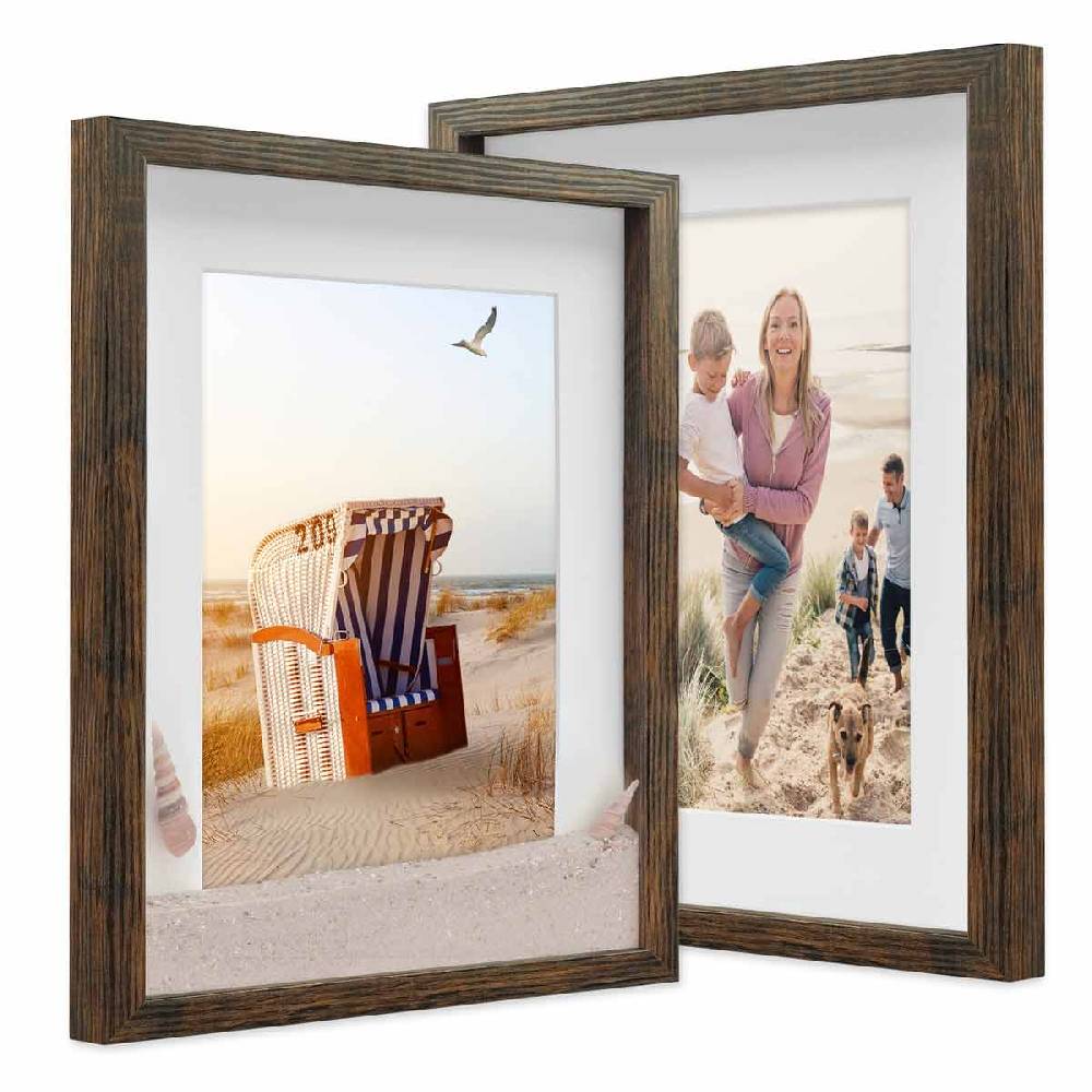 Photolini 2er Set 3D-Bilderrahmen 30x40 cm mit Passepartout, Eiche Dunkel