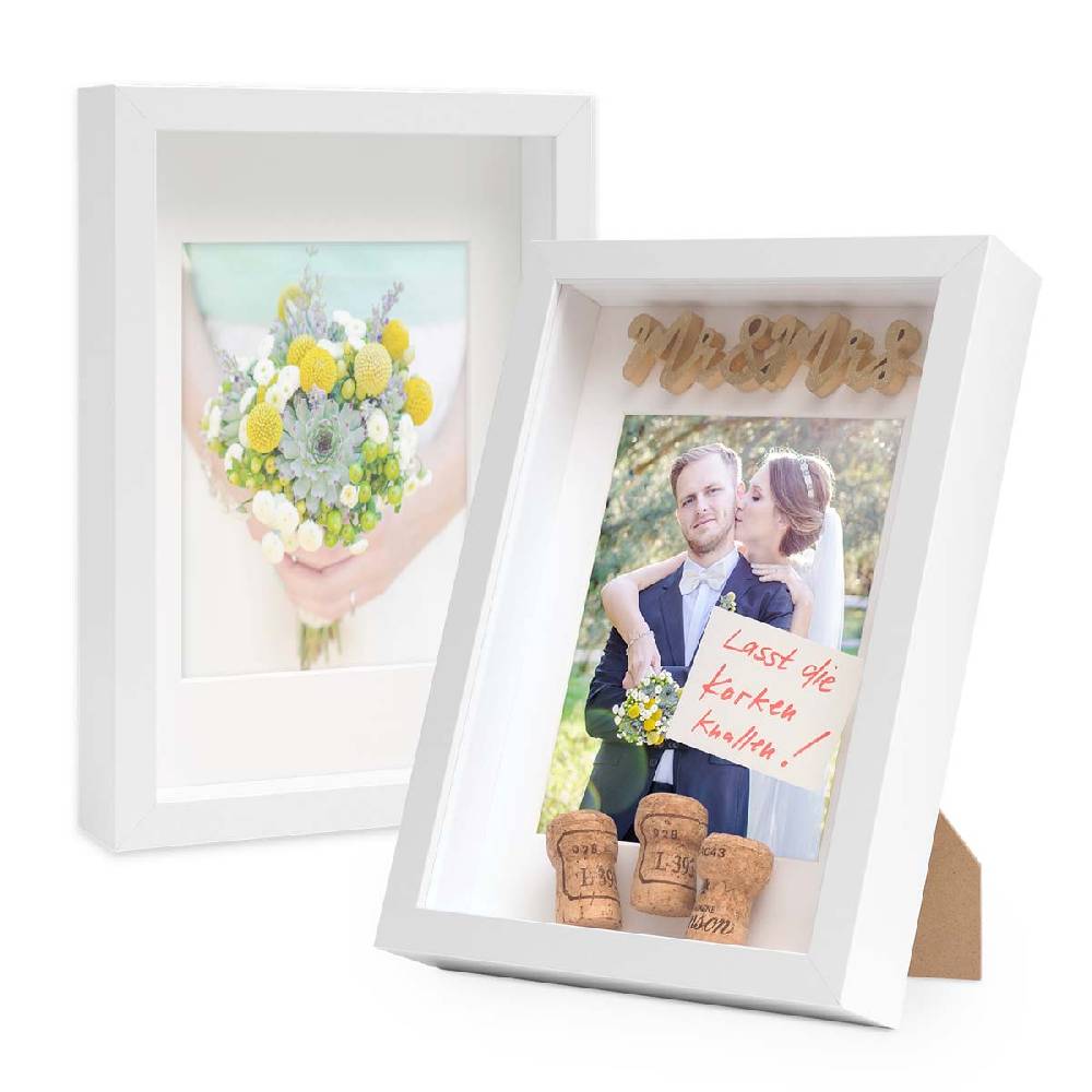Photolini 2er Set 3D-Bilderrahmen extra tief 21x30 cm / A4 mit Passepartout, Weiß