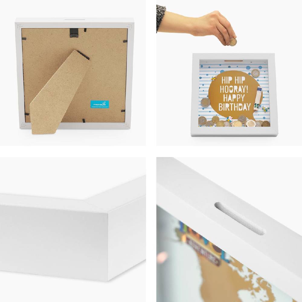 Photolini Bilderrahmen-Spardose Weiß Geldgeschenk mit 3 Motiven Kostenloser Versand international