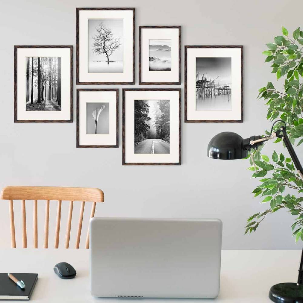 Photolini 6er Bilderrahmen-Set Eiche Dunkel aus MDF 21x30 cm / DIN A4 und 30x40 cm mit Passepartout