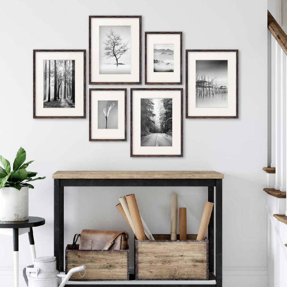 Photolini 6er Bilderrahmen-Set Eiche Dunkel aus MDF 21x30 cm / DIN A4 und 30x40 cm mit Passepartout Im Verkauf