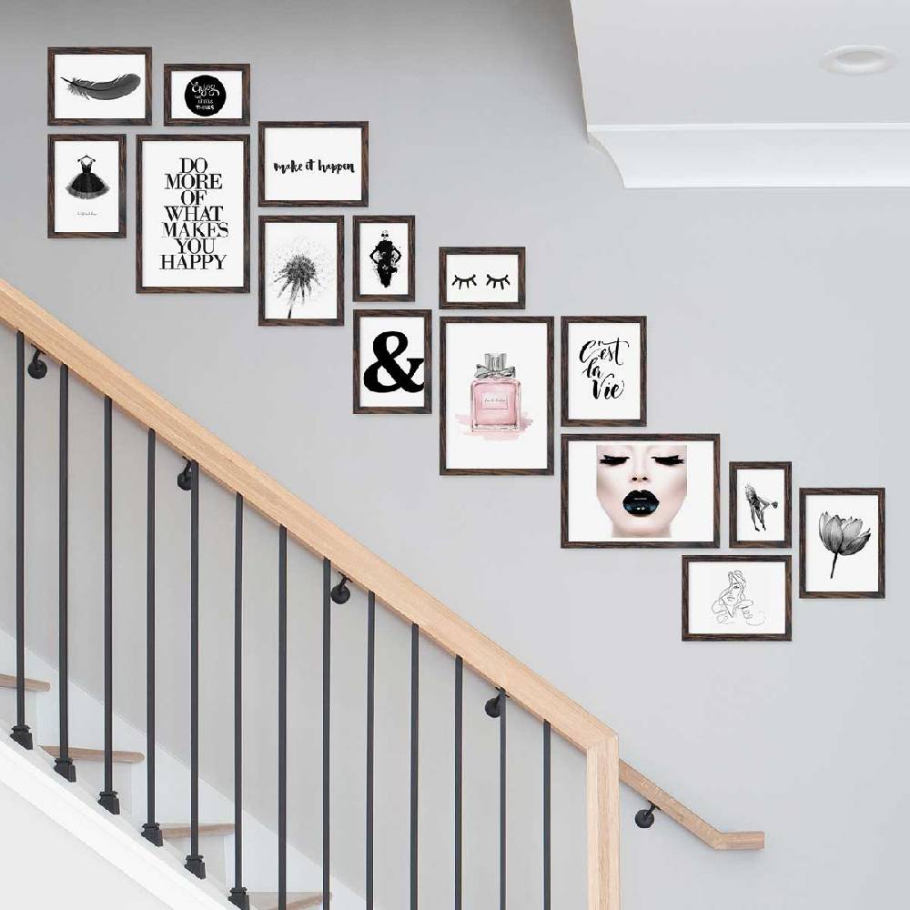Photolini 15er Bilderwand Treppenhaus - Bilderrahmen-Set Eiche Dunkel aus MDF