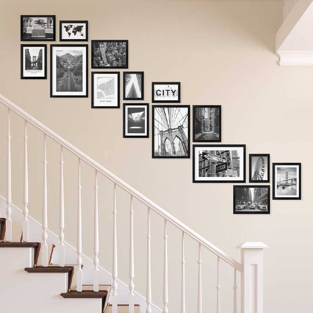 Photolini 15er Bilderwand Treppenhaus - Bilderrahmen-Set Eiche Dunkel aus MDF 2025