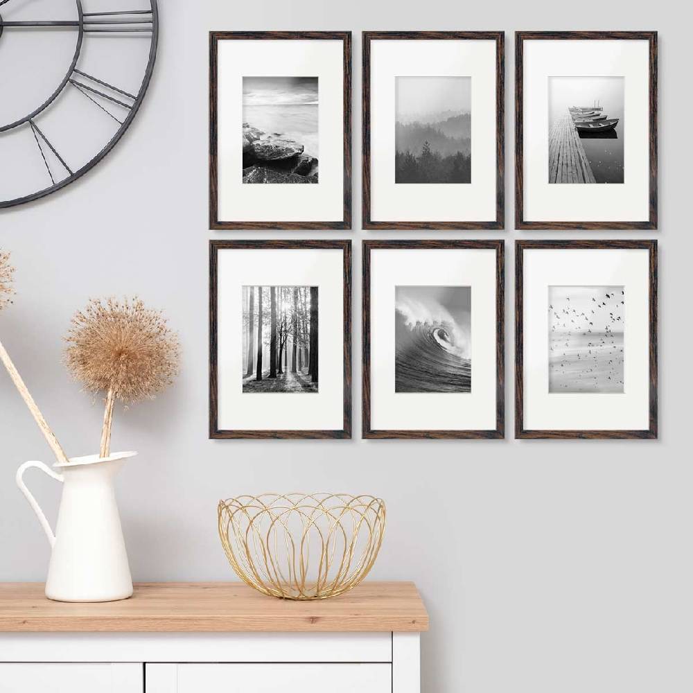 Photolini 6er Set Poster-Bilderrahmen 21x30 cm / DIN A4 Eiche Dunkel MDF mit Passepartout