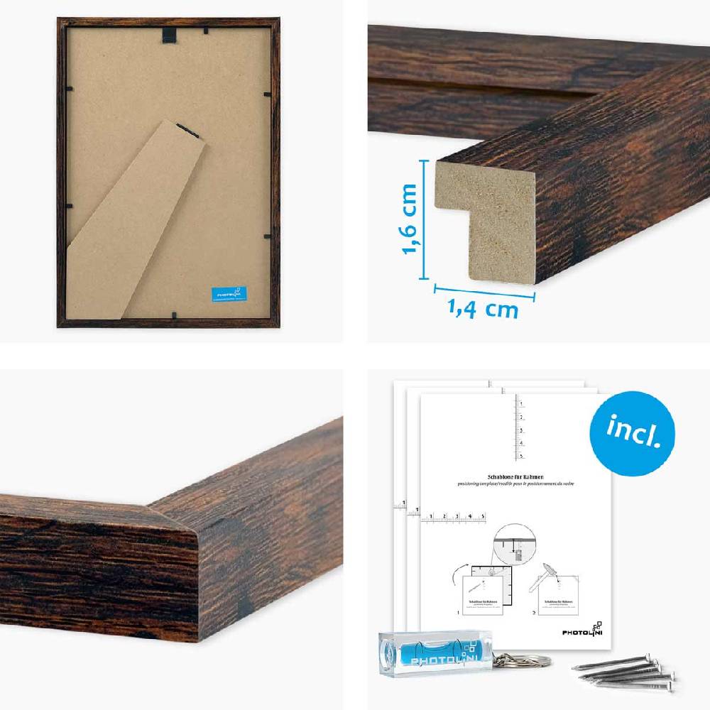Photolini 6er Set Poster-Bilderrahmen 21x30 cm / DIN A4 Eiche Dunkel MDF mit Passepartout Fabrikverkauf