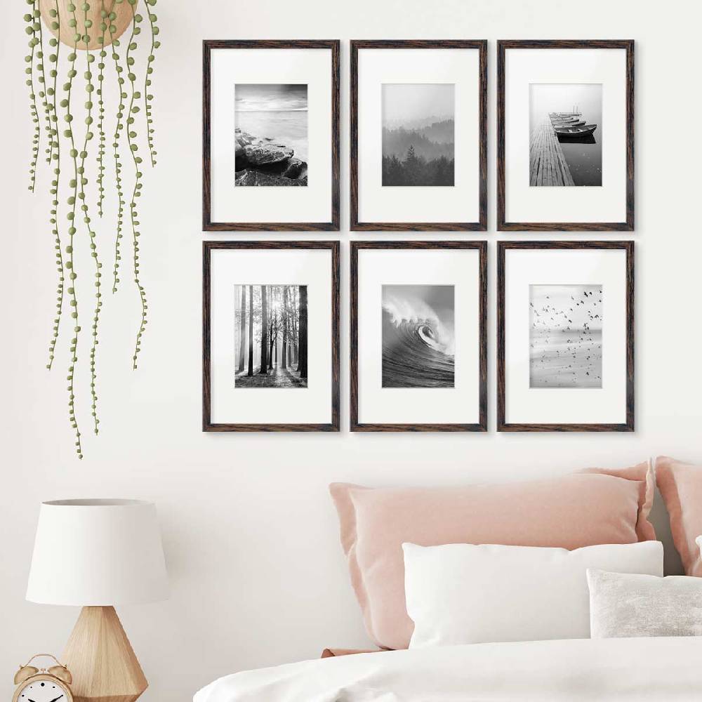 Photolini 6er Set Poster-Bilderrahmen 21x30 cm / DIN A4 Eiche Dunkel MDF mit Passepartout Fabrikverkauf