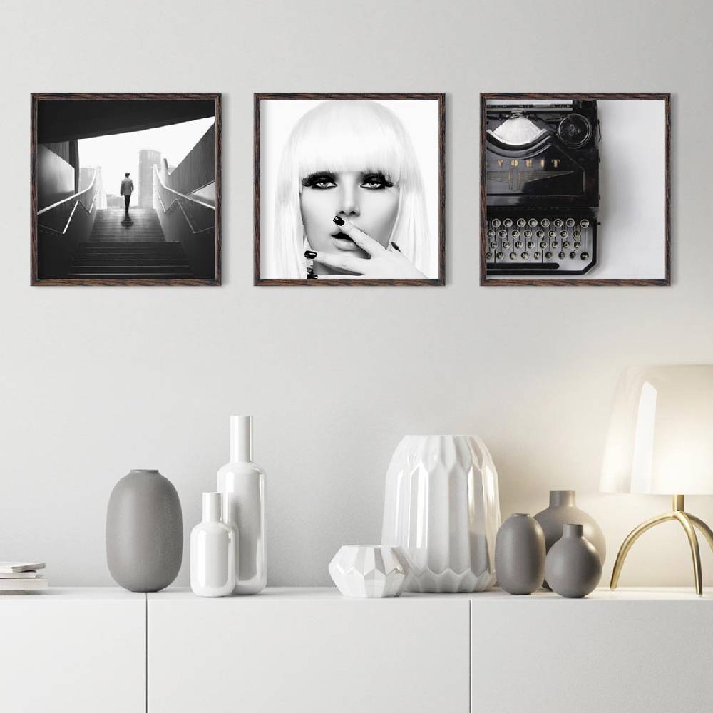 Photolini 3er Set Poster-Bilderrahmen quadratisch 40x40 cm Eiche Dunkel mit Acrylglas