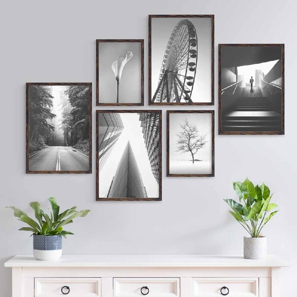 Photolini 6 Bilderrahmen Eiche Dunkel 4x 30x42 und 2x 21x30 cm / DIN A4 MDF mit Acrylglas Großer Ausverkauf