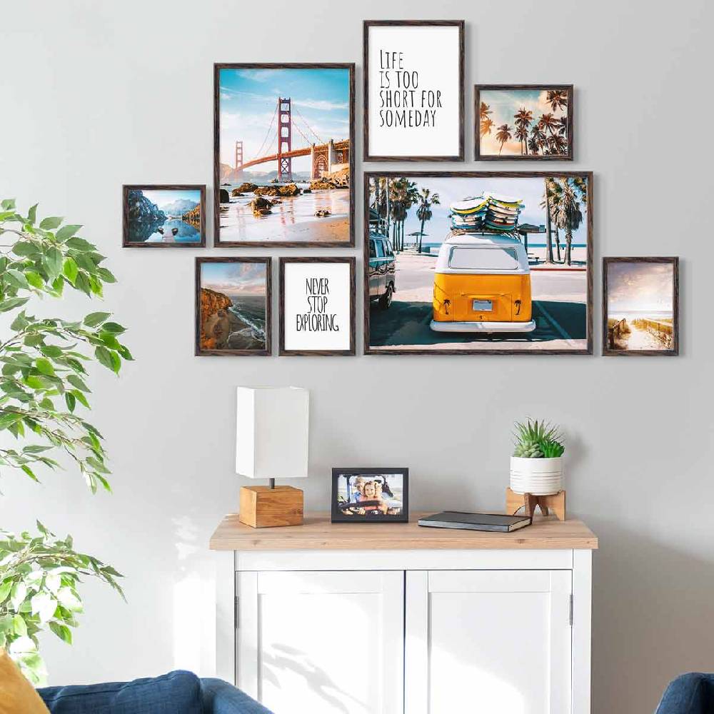 Photolini 8er Bilderrahmen-Set Eiche Dunkel aus MDF 13x18 bis 40x50 cm