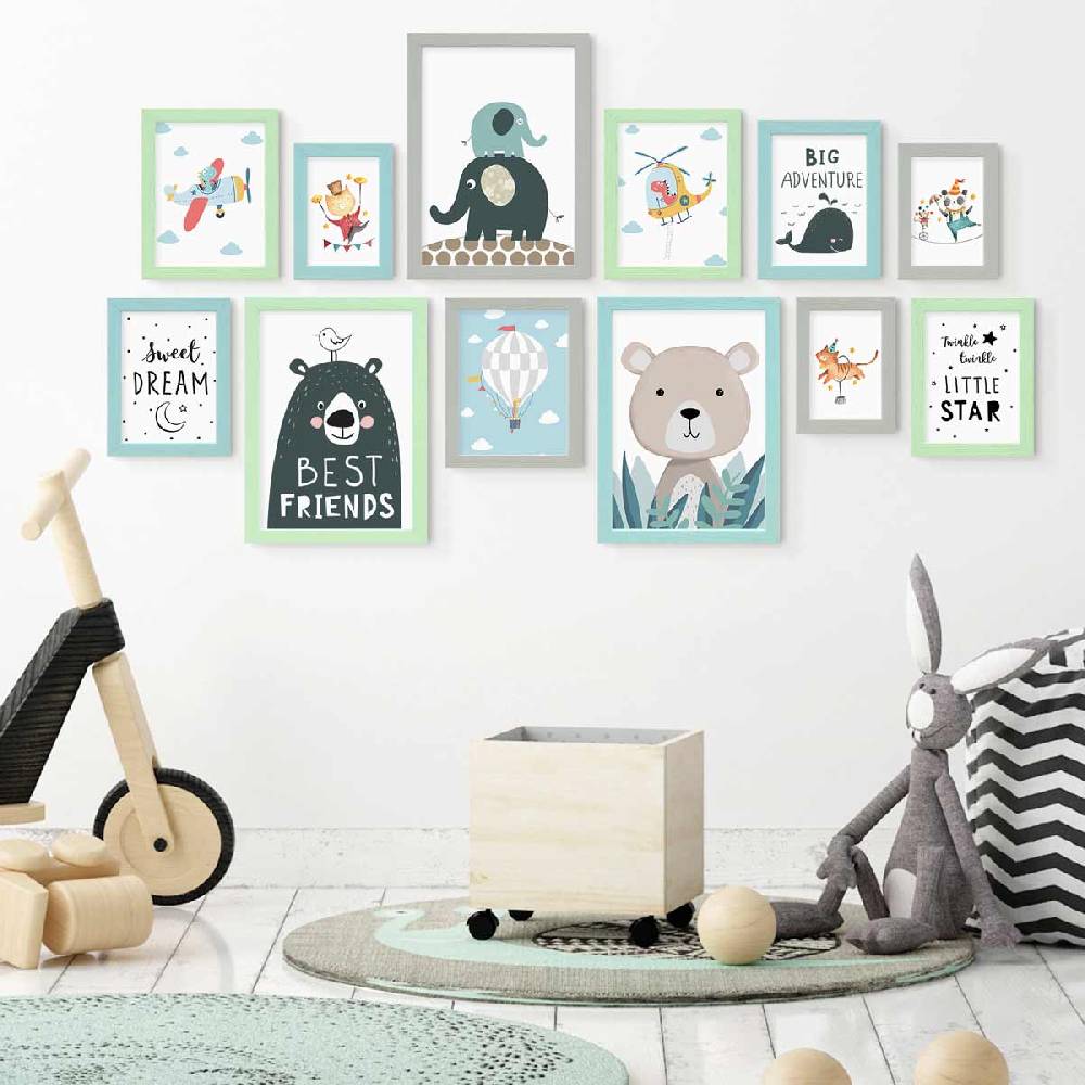 Photolini 12er Set Bilderrahmen Grün Blau Grau Massivholz 10x15 bis 21x30 cm | Acrylglas
