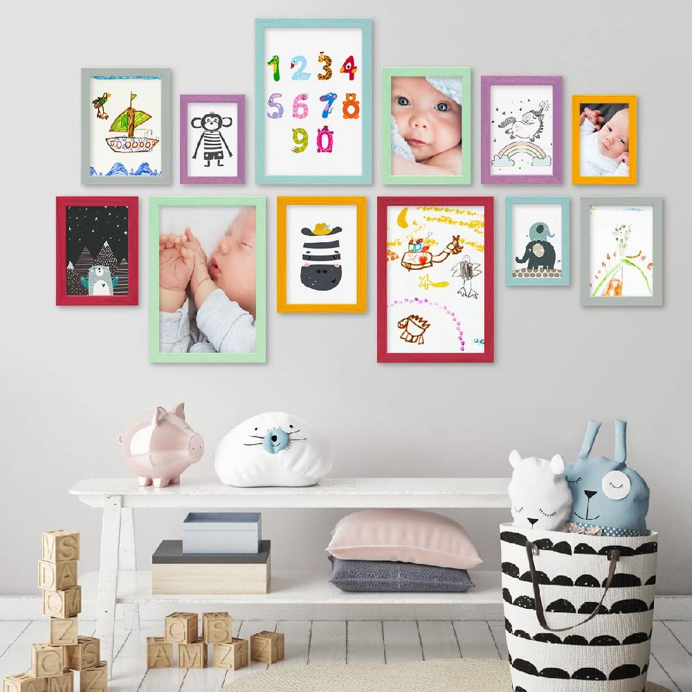 Photolini 12er Set Bilderrahmen Bunt Massivholz 10x15 bis 21x30 cm | Acrylglas
