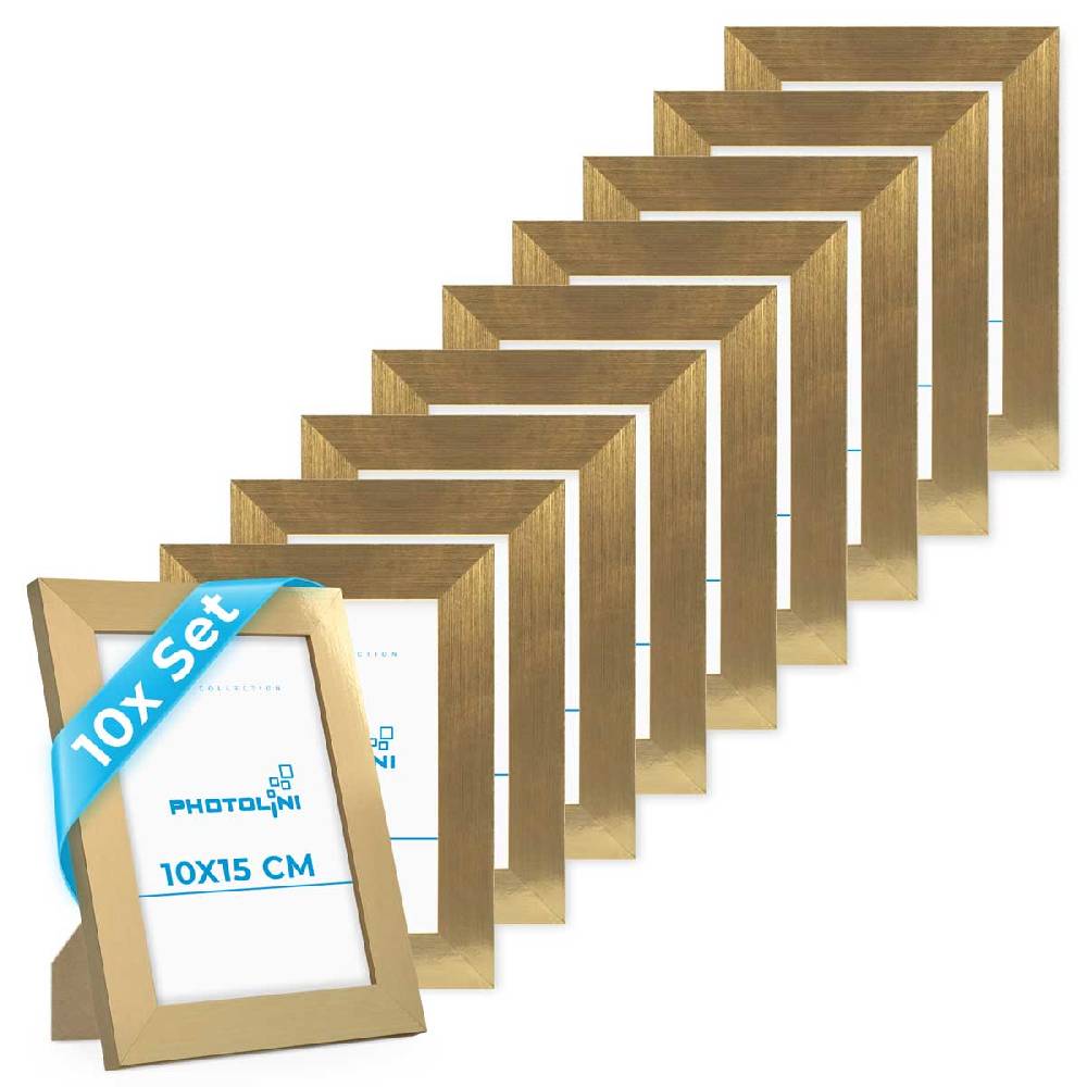 Photolini 10er Bilderrahmen-Set 10x15 cm Modern Gold MDF Basic Collection | Acrylglas