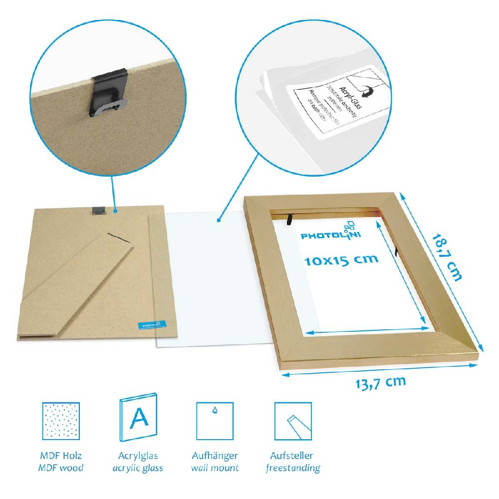 Photolini 10er Bilderrahmen-Set 10x15 cm Modern Gold MDF Basic Collection | Acrylglas 2025