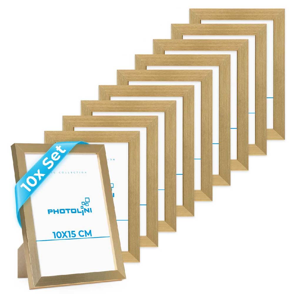 Photolini 10er Bilderrahmen-Set 10x15 cm Modern Gold aus MDF mit Acrylglas