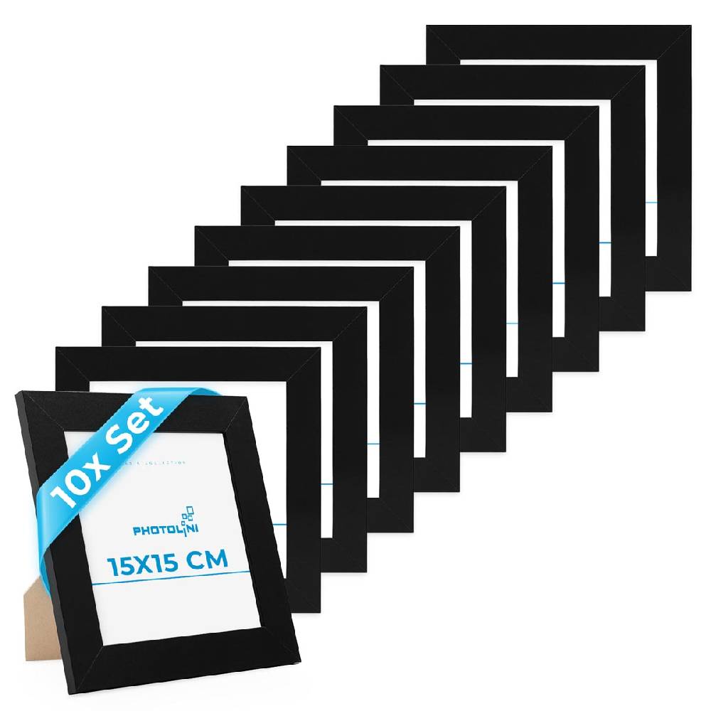 Photolini 10er Bilderrahmen-Set breit 15x15 cm Schwarz, MDF-Holz | Acrylglas