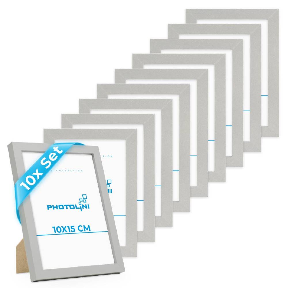 Photolini 10er Bilderrahmen-Set 10x15 cm Modern Silber aus MDF mit Acrylglas