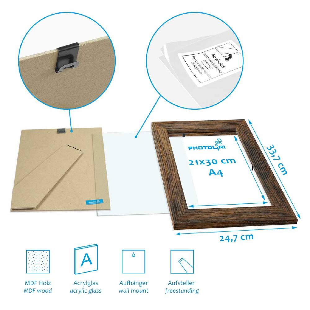 Photolini 10er Bilderrahmen-Set breit A4 21x30 cm Eiche Dunkel, MDF-Holz | Acrylglas Fabrikpreis