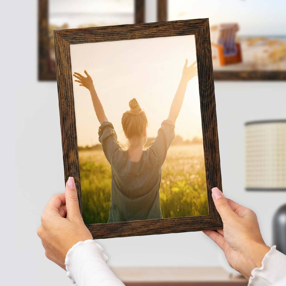 Photolini 10er Bilderrahmen-Set breit A4 21x30 cm Eiche Dunkel, MDF-Holz | Acrylglas Fabrikpreis